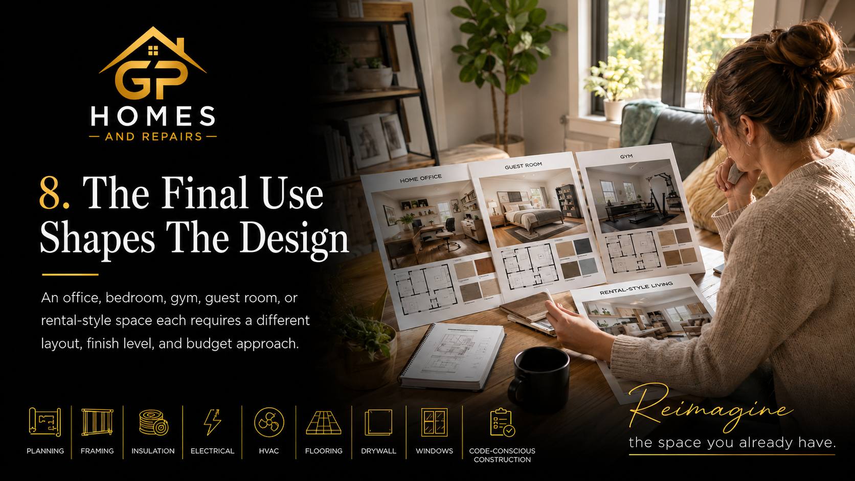 Garage conversion design layout for home office guest room or gym by GP Homes and Repairs