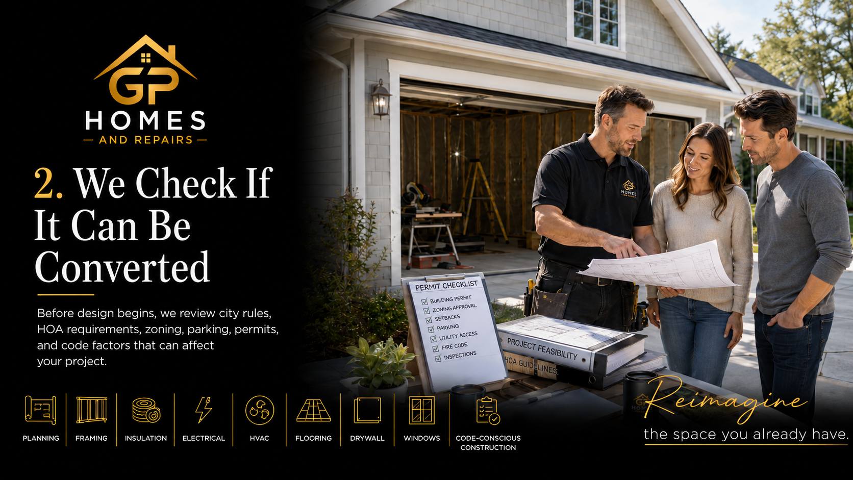 Garage conversion feasibility, permits, HOA, and code review by GP Homes and Repairs