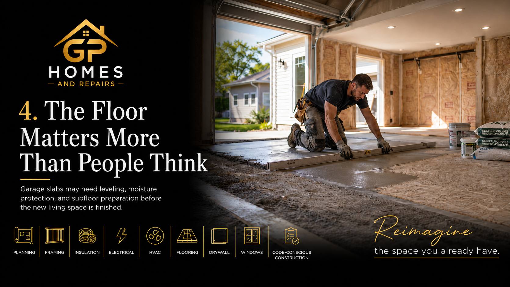 Garage conversion floor leveling and subfloor preparation by GP Homes and Repairs