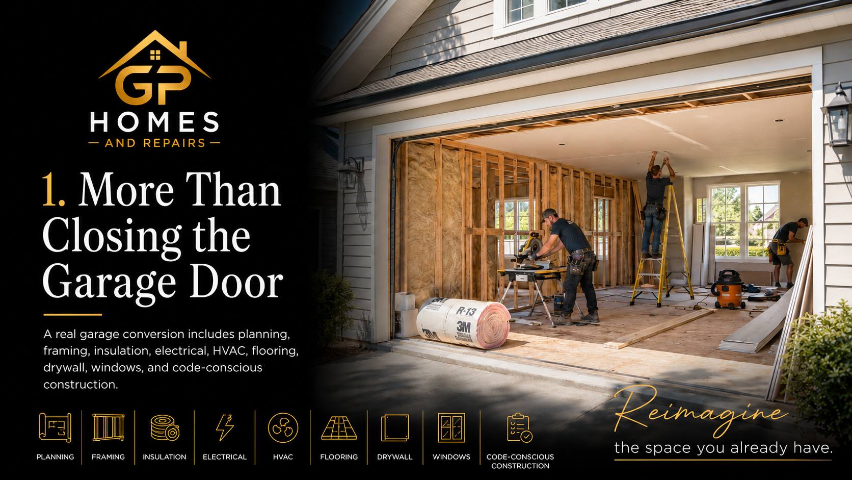 Garage conversion planning, framing, and insulation by GP Homes and Repairs