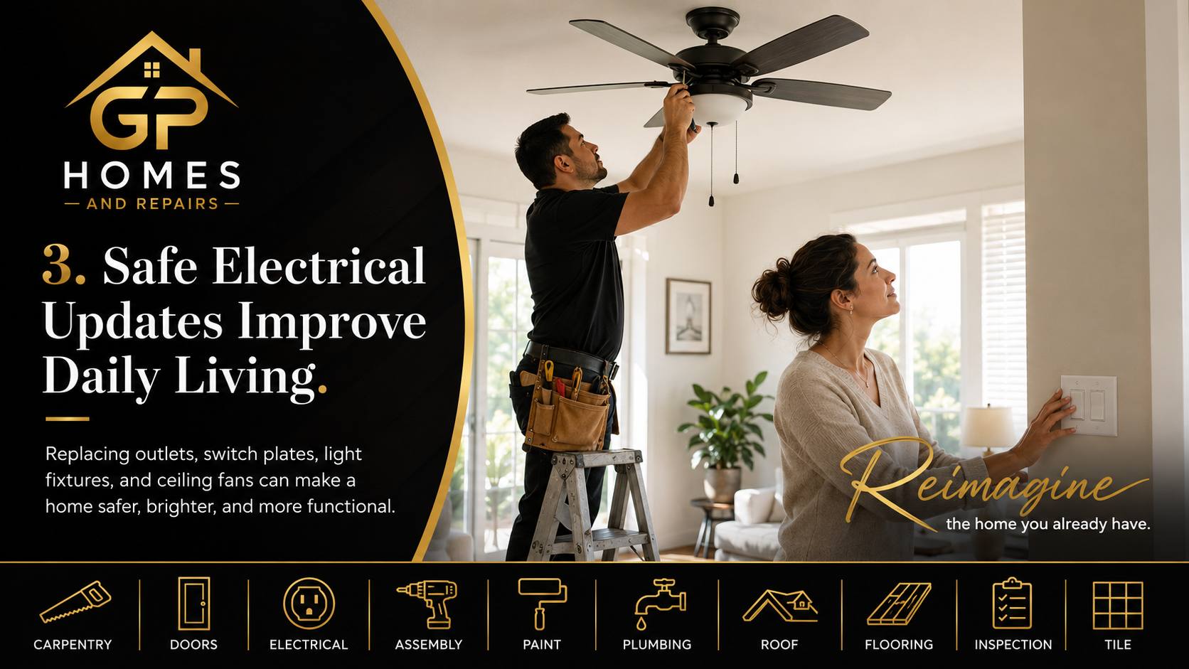 Handyman electrical updates and ceiling fan installation by GP Homes and Repairs